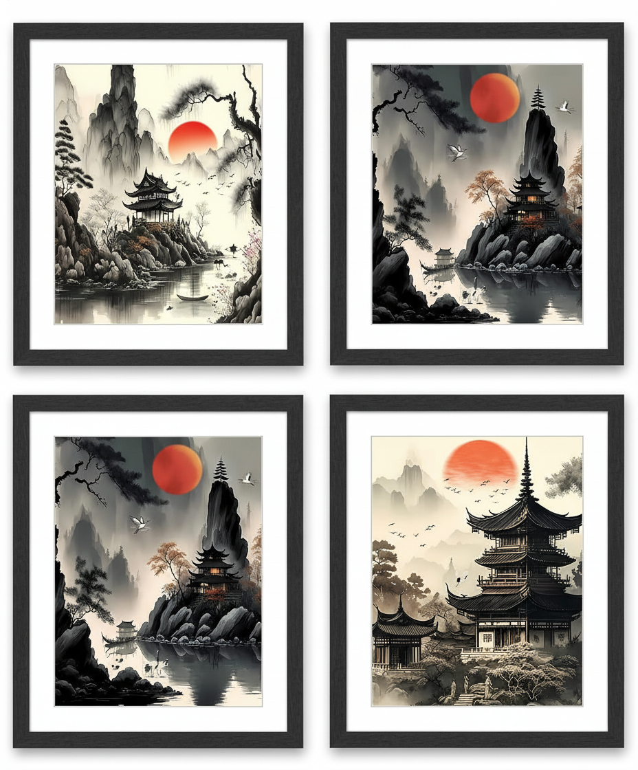 Zen Mountain Sanctuary — Framed Wall Art Set of 4