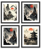 Zen Mountain Sanctuary — Framed Wall Art Set of 4
