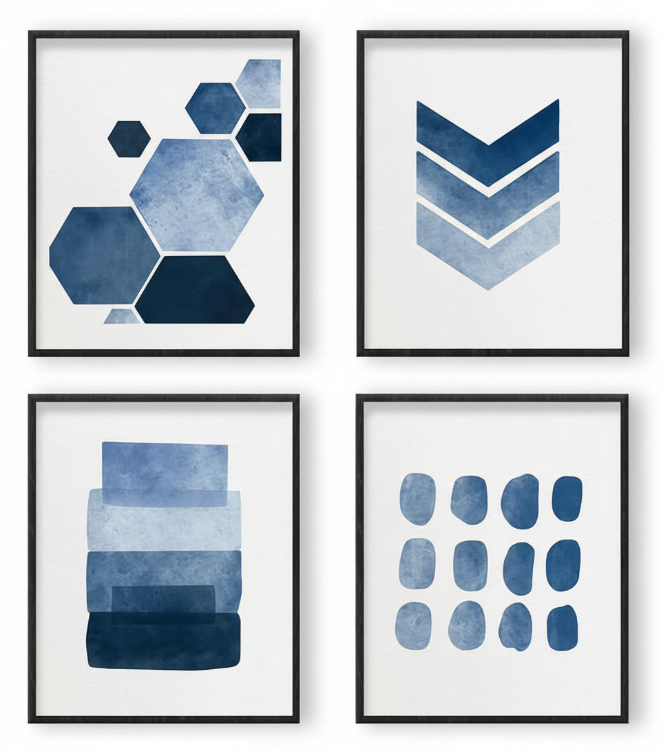 Soft Blue Horizon Set Black Framed Watercolor Wall Art (4-Piece)