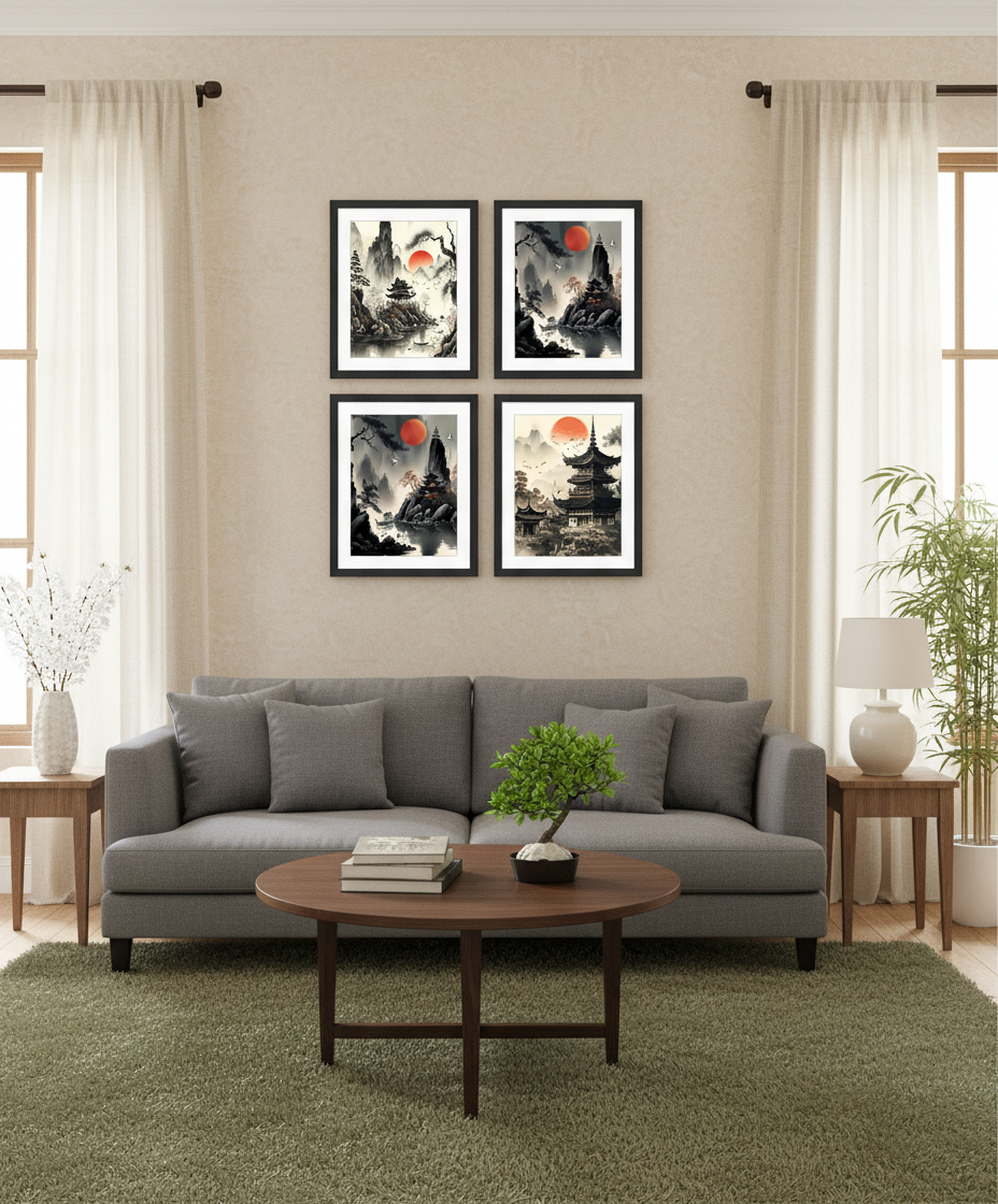 Zen Mountain Sanctuary — Framed Wall Art Set of 4