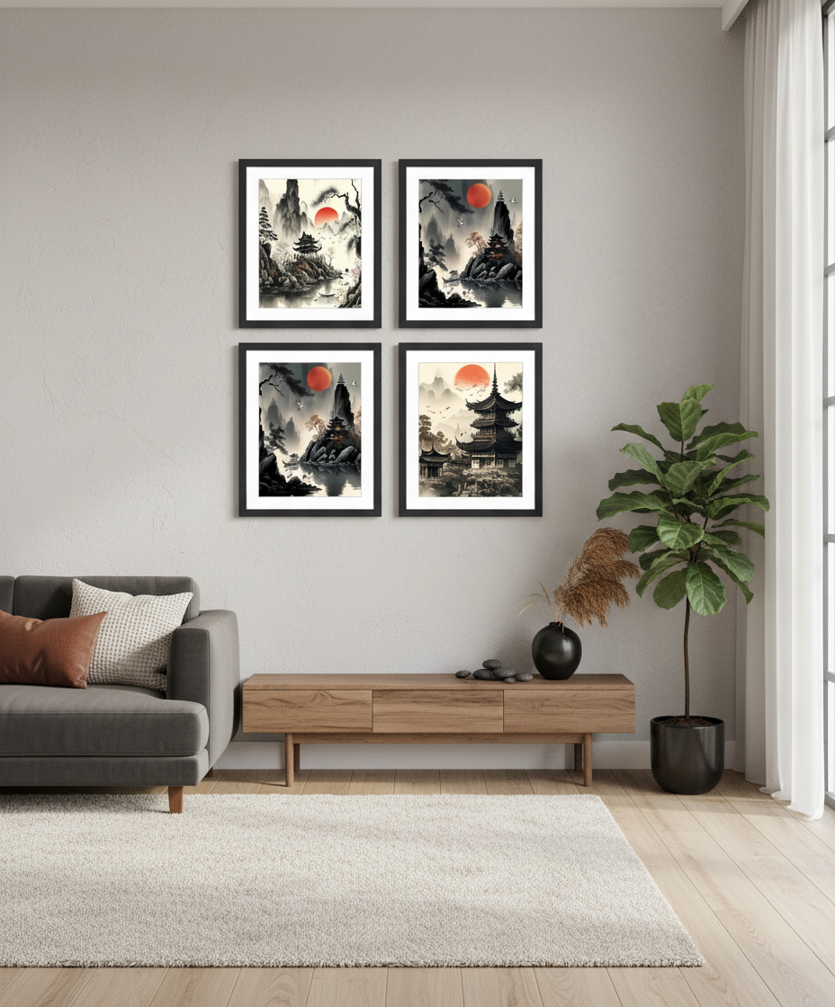 Zen Mountain Sanctuary — Framed Wall Art Set of 4