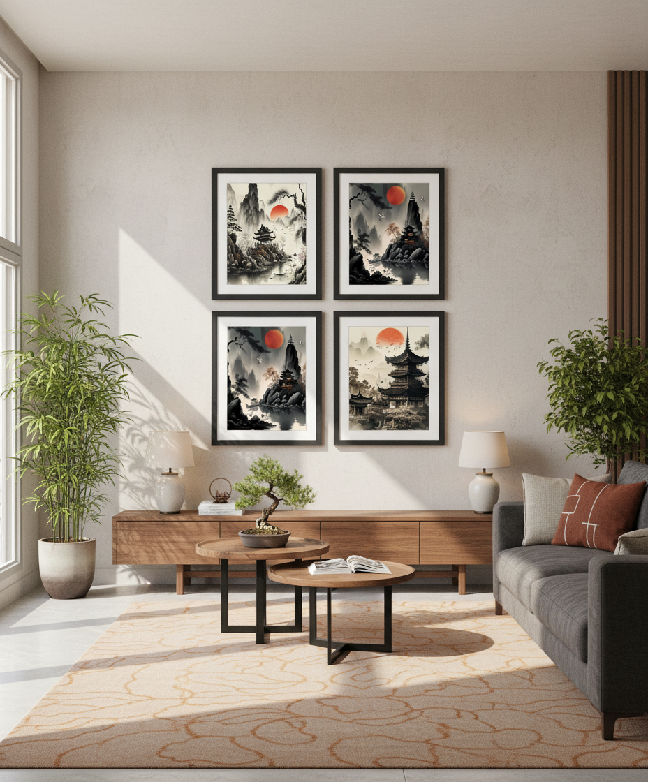 Zen Mountain Sanctuary — Framed Wall Art Set of 4