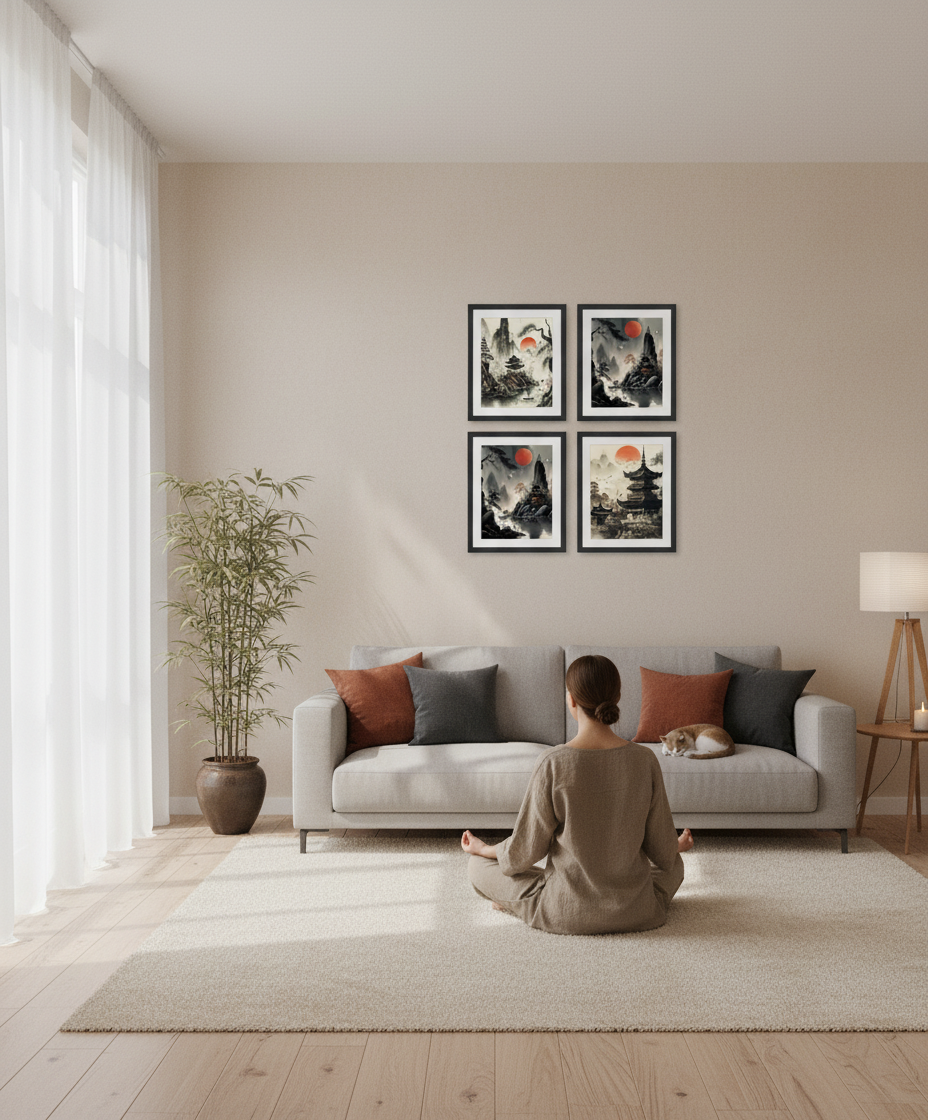 Zen Mountain Sanctuary — Framed Wall Art Set of 4