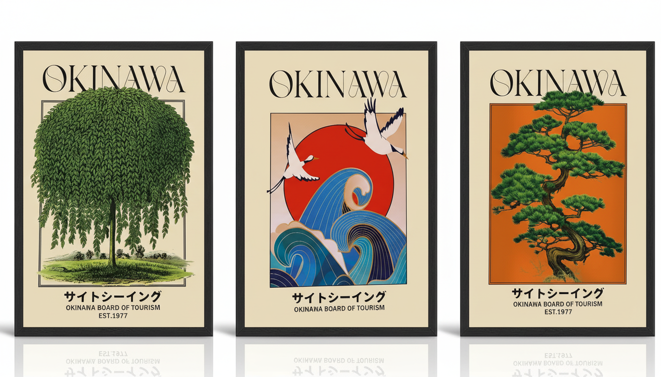 Okinawa Tourism |12"x16" 3-Piece Framed Vintage Japanese Travel Poster Art Set