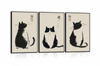 Ink Cats | (12"x16")3-Piece Framed Japanese Sumi-e Cat Art Set