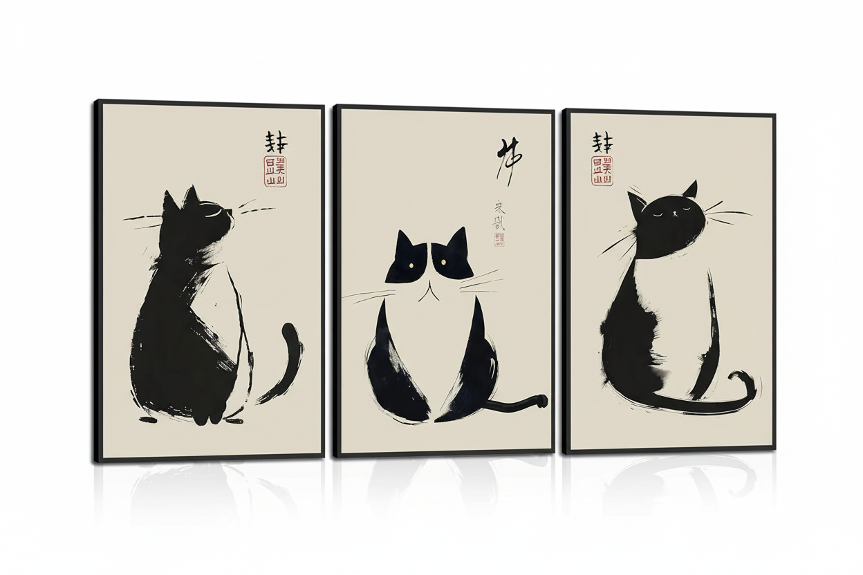 Ink Cats | (12"x16")3-Piece Framed Japanese Sumi-e Cat Art Set