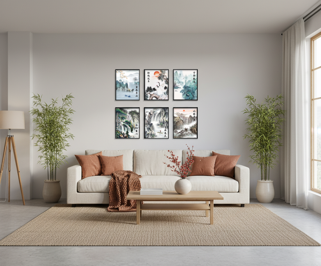 Misty Peaks & Cranes | 8"x10" 6-Piece Framed Chinese Landscape Art Set