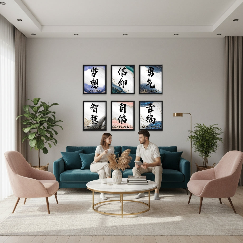 Dream, Wisdom & Beyond | 6-Piece Framed Chinese Calligraphy Marble Art Set