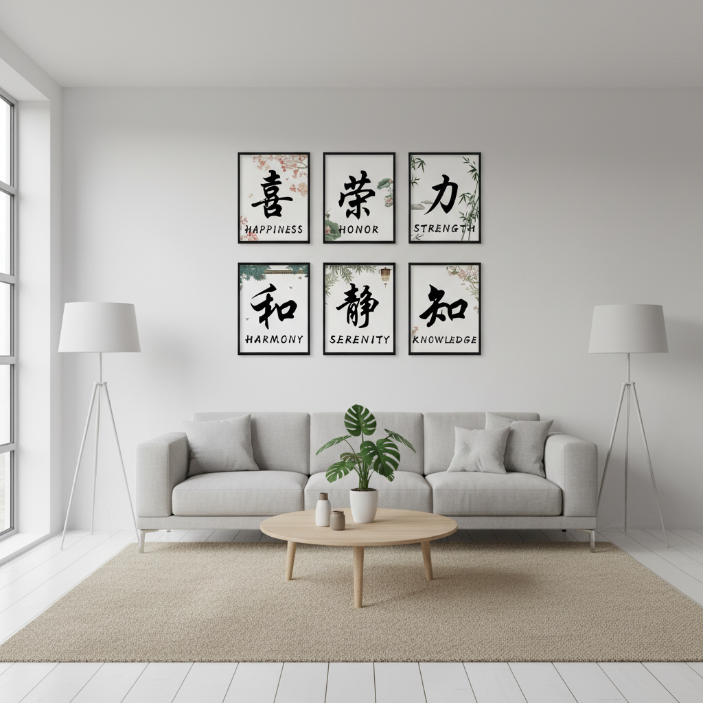 Happiness, Harmony & Beyond [8"x10"] (6-Piece Framed Chinese Calligraphy Word Art Set)