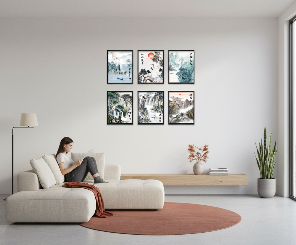 Misty Peaks & Cranes | 8"x10" 6-Piece Framed Chinese Landscape Art Set