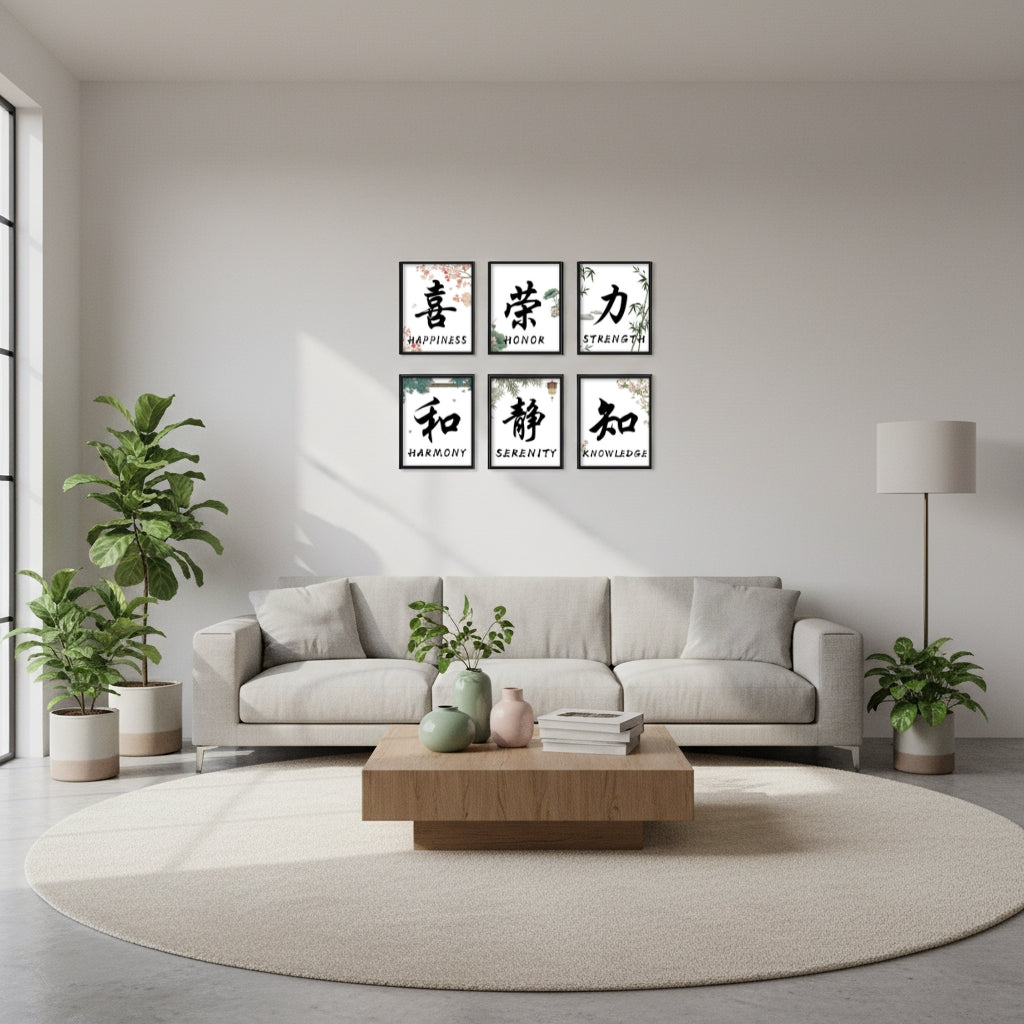 Happiness, Harmony & Beyond [8"x10"] (6-Piece Framed Chinese Calligraphy Word Art Set)