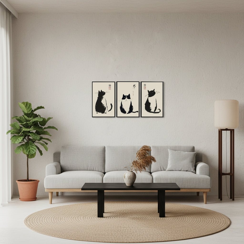 Ink Cats | (12"x16")3-Piece Framed Japanese Sumi-e Cat Art Set