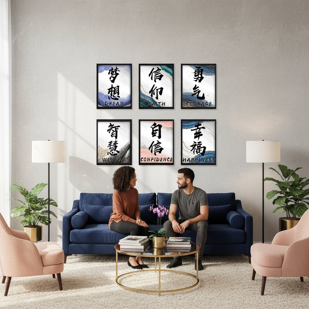 Dream, Wisdom & Beyond | 6-Piece Framed Chinese Calligraphy Marble Art Set