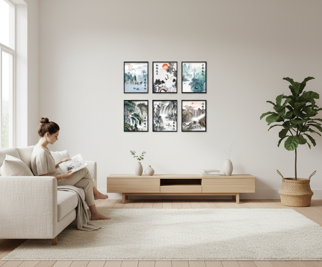 Misty Peaks & Cranes | 8"x10" 6-Piece Framed Chinese Landscape Art Set