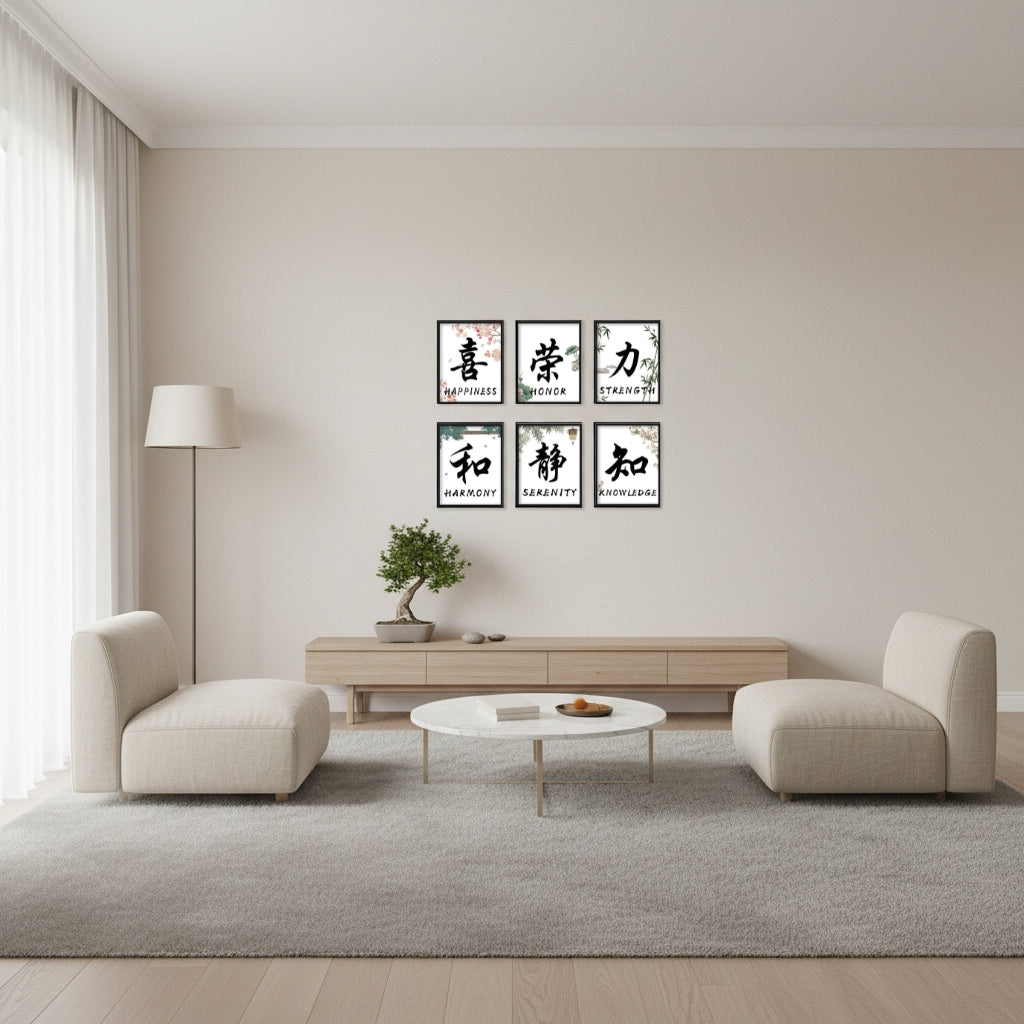 Happiness, Harmony & Beyond [8"x10"] (6-Piece Framed Chinese Calligraphy Word Art Set)