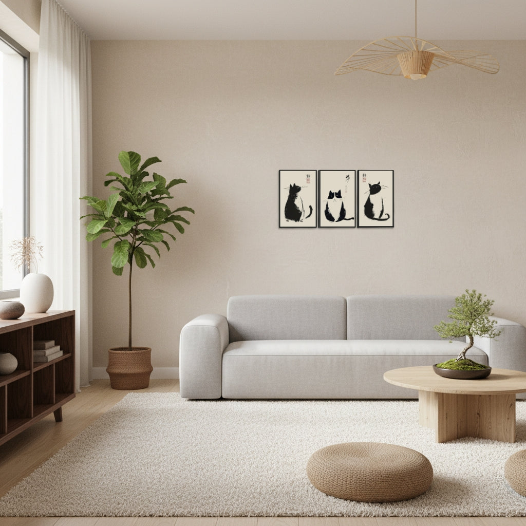 Ink Cats | (12"x16")3-Piece Framed Japanese Sumi-e Cat Art Set