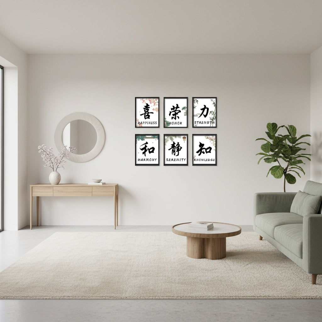 Happiness, Harmony & Beyond [8"x10"] (6-Piece Framed Chinese Calligraphy Word Art Set)