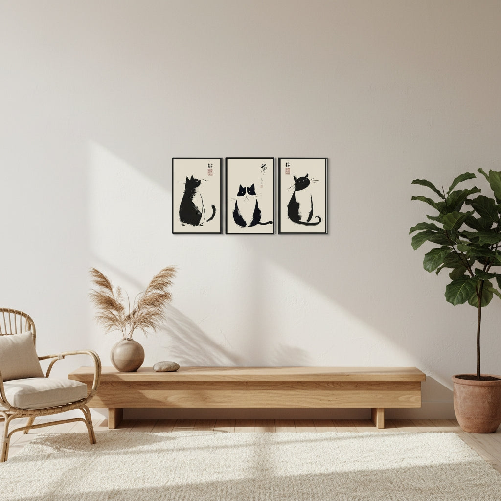 Ink Cats | (12"x16")3-Piece Framed Japanese Sumi-e Cat Art Set