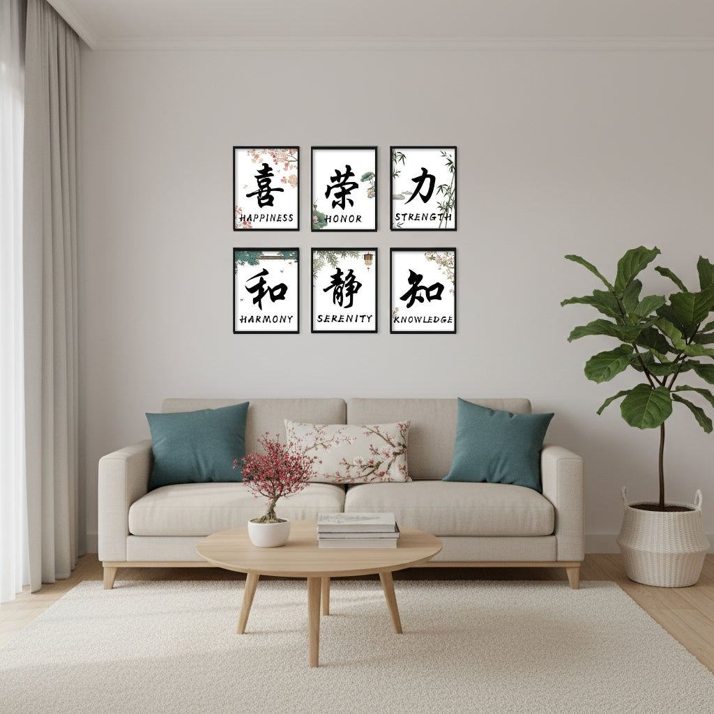Happiness, Harmony & Beyond [8"x10"] (6-Piece Framed Chinese Calligraphy Word Art Set)