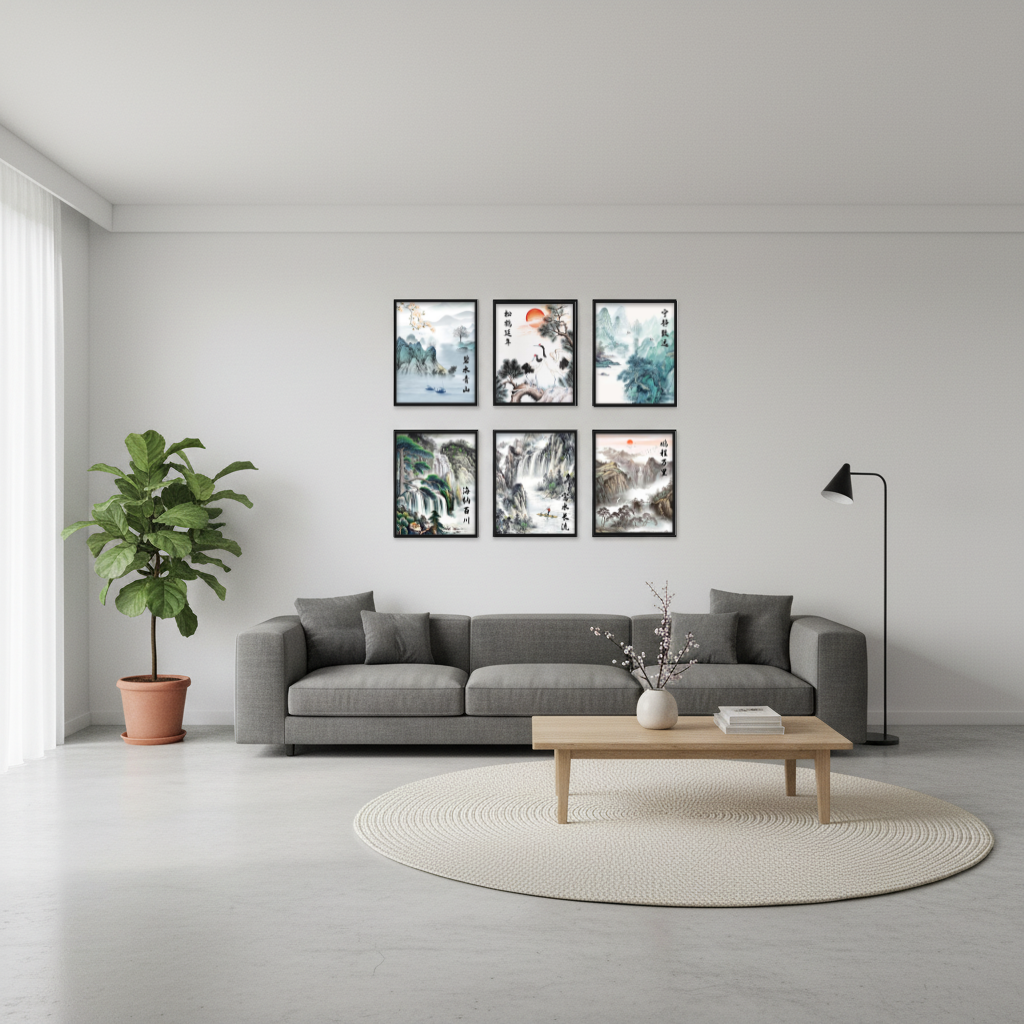 Misty Peaks & Cranes | 8"x10" 6-Piece Framed Chinese Landscape Art Set