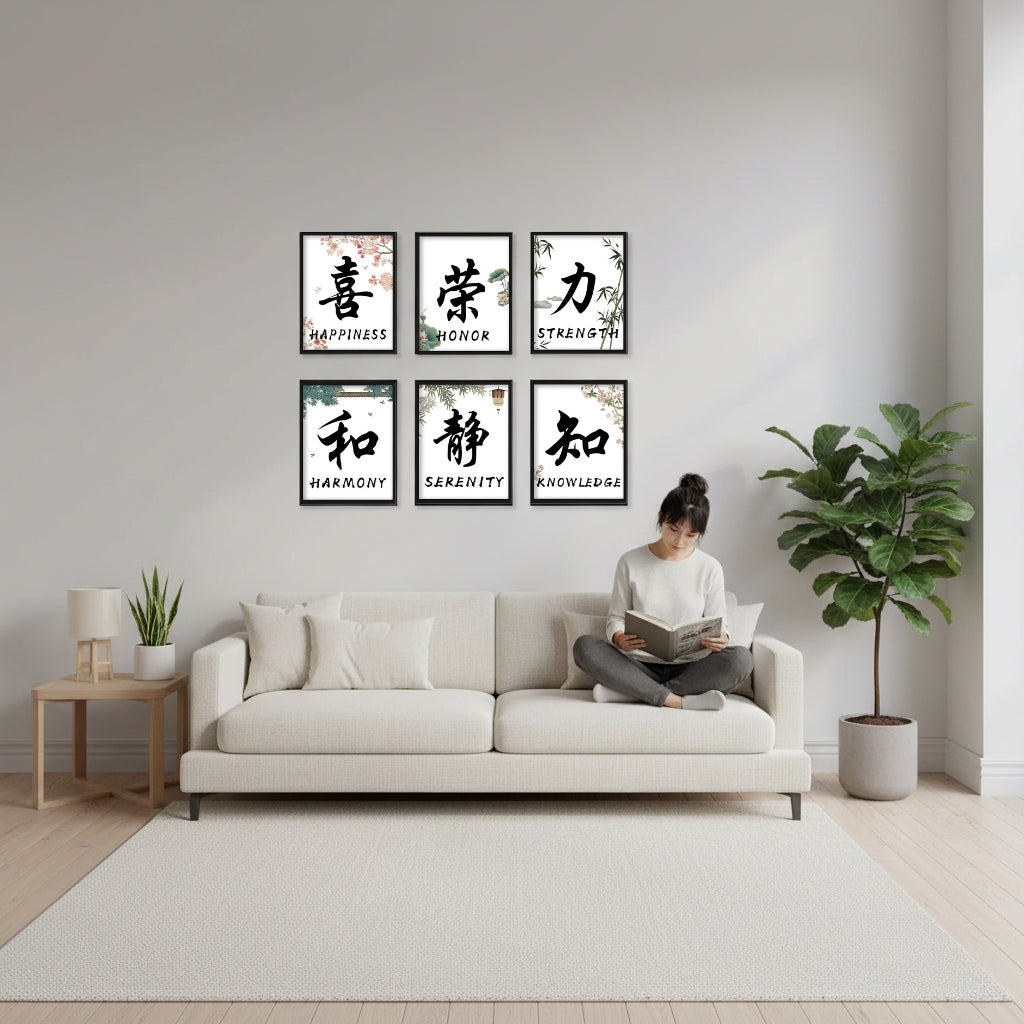 Happiness, Harmony & Beyond [8"x10"] (6-Piece Framed Chinese Calligraphy Word Art Set)