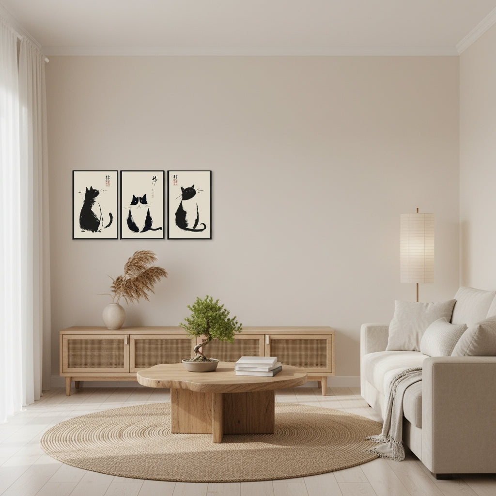 Ink Cats | (12"x16")3-Piece Framed Japanese Sumi-e Cat Art Set